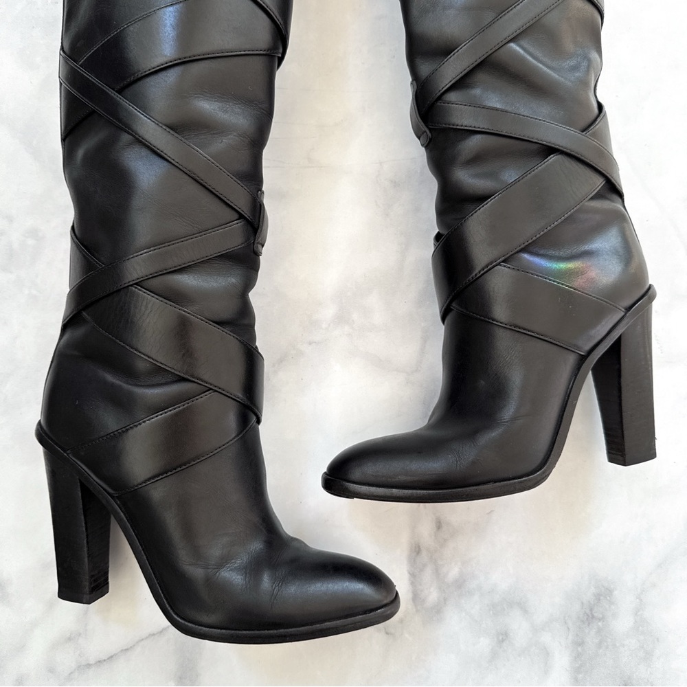 Saint Laurent Strappy Leather Wrap Around Tall Knee High Block Heeled Boot Black - Picture 2 of 16